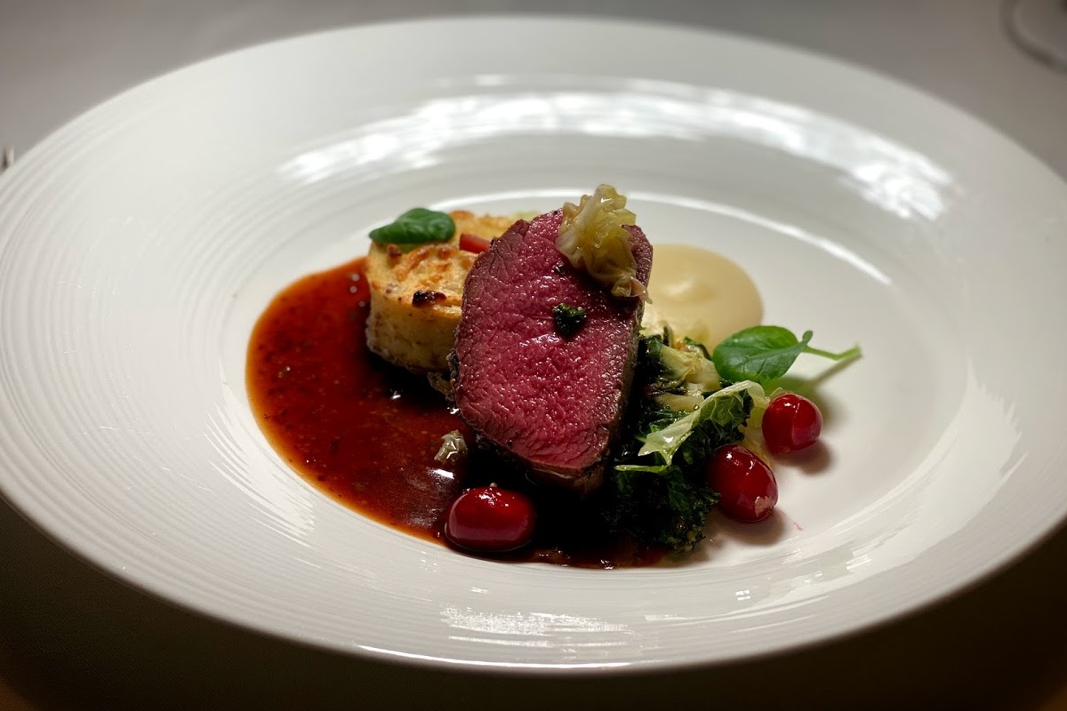 The Inn at Little Washington signature dishes Juniper and Pepper-Crusted Venison Tenderloin
Roasted Garlic Custard Baked in an Egg Shell with Parmesan Mousse
“Let Them Eat Cake”